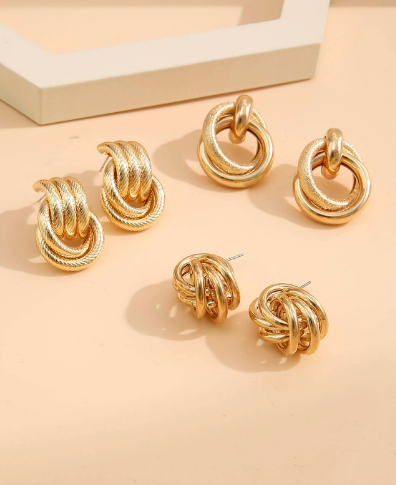 3 Pairs Gold Earings