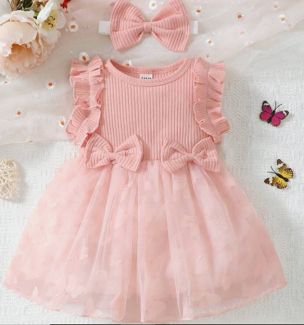 Baby Girl Bow Front Ruffle Trim Mesh Overlay Hem Dress With Headband