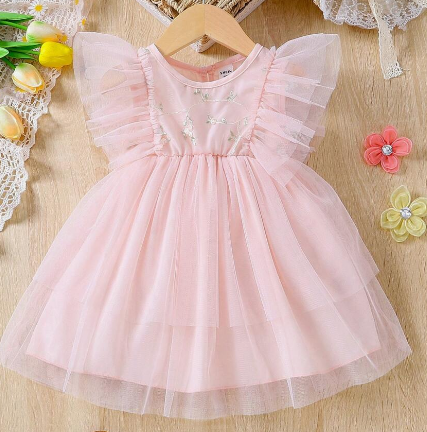 Baby Girl Floral Embroidery With Ruffle Trim Mesh Dress