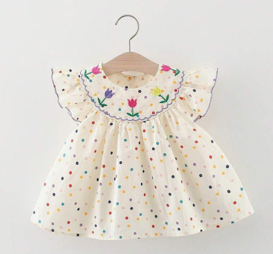 Baby Girl's Polka Dot Dress With Floral Embroidery