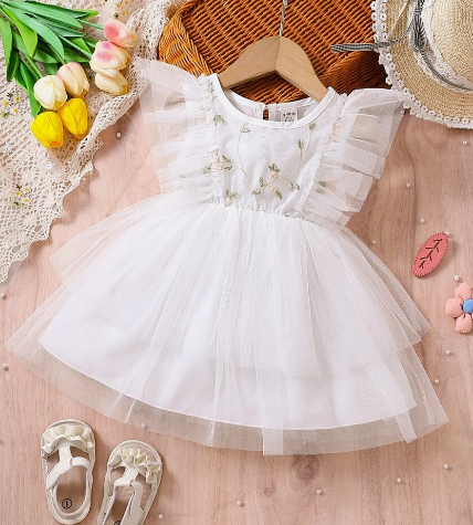 Baby Girl Floral Embroidery Ruffle Trim Mesh Overlay Dress